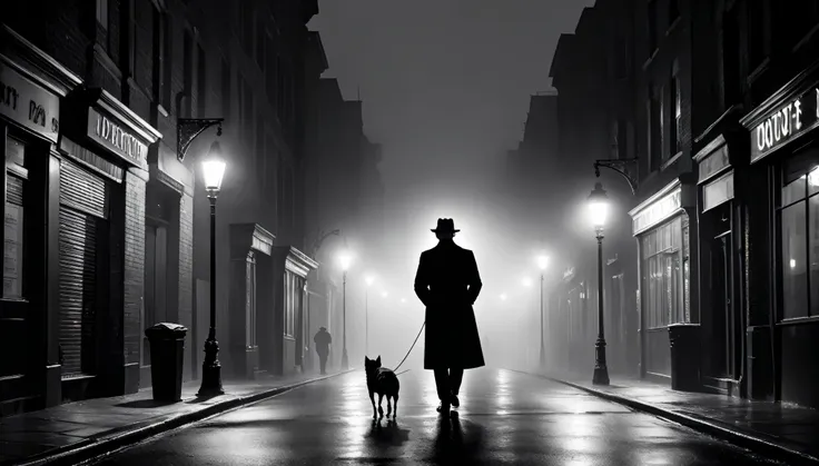 (highres,photorealistic:1.2),(hdr:1.1),(best quality:1.1),moody,black and white scene,hardboiled detective,streetlight,foggy nig...