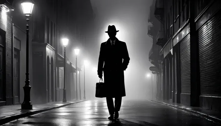 (highres,photorealistic:1.2),(hdr:1.1),(best quality:1.1),moody,black and white scene,hardboiled detective,streetlight,foggy nig...