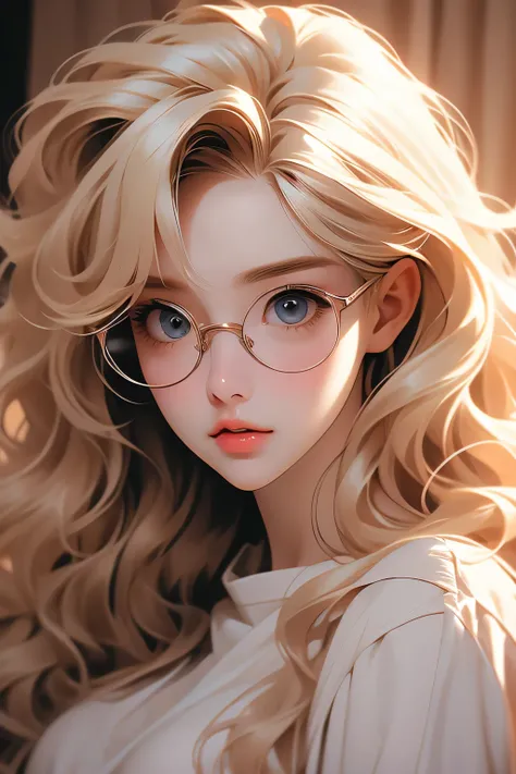 A blond girl, 28 years old, beautiful face, big eyes, naked, languidly wide open mouth, big glasses, wavy hair, Expression of pleasure, sitting on her knees on the bed, looking at viewer, from above, closeup , selfie, cum on face, cum on glasses, realistic...