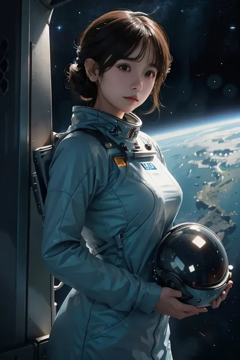 A captivating manga-style illustration of Sarocha Chankimha, a female astronaut with a poignant expression, gazing longingly at the vast expanse of space. Her hair is tied neatly in a bun, and she holds an astronauts helmet and a camera in her hands. In th...