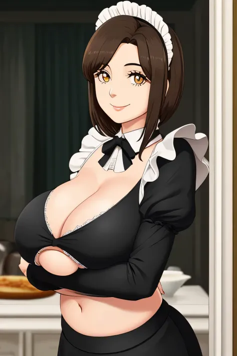 An older woman, huge breast, big dark brown hair, her light yellow eye, round big eyelash, wears a black maid top, shows her navel and wears a metallic black maid skirt, and is happy. 