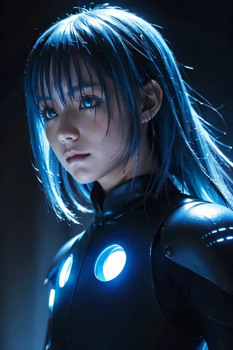 imagen oscura de Rimuru Tempest, serious expression, Cyber Daemon, piel de porcelana, Cybernetic body parts, el cabello es celeste, los ojos son de robot, detailed fantasy art, postura de lucha