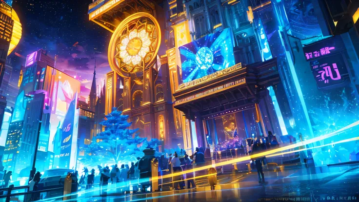 "A vibrant cityscape illuminated by glowing lights, featuring a mesmerizing blue and gold abstract background and bokeh, creating a captivating atmosphere on New Years Eve. The artwork is created using high-quality materials such as digital illustration an...