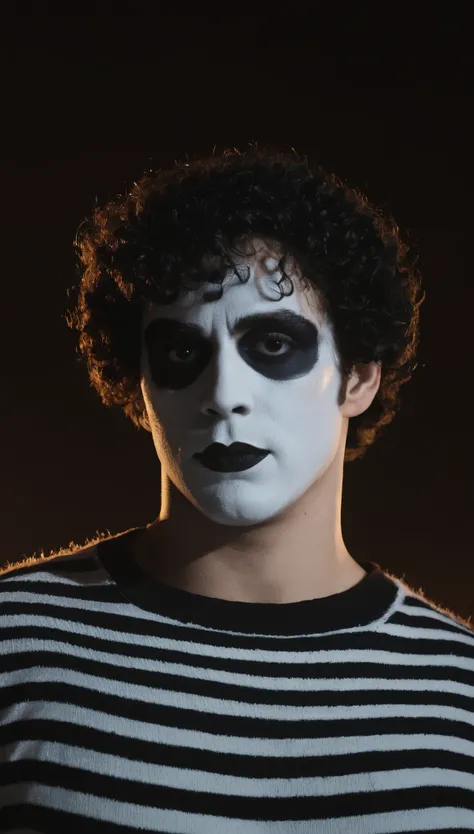 A movie poster, full color, a supervillain man, 28 years-old, wearing a black and white striped sweater and mime makeup, stocky, soft doughy physique, deep brown eyes, wide bulbous nose, full lips, black lipstick, black hair, curly hair, thick bushy eyebro...