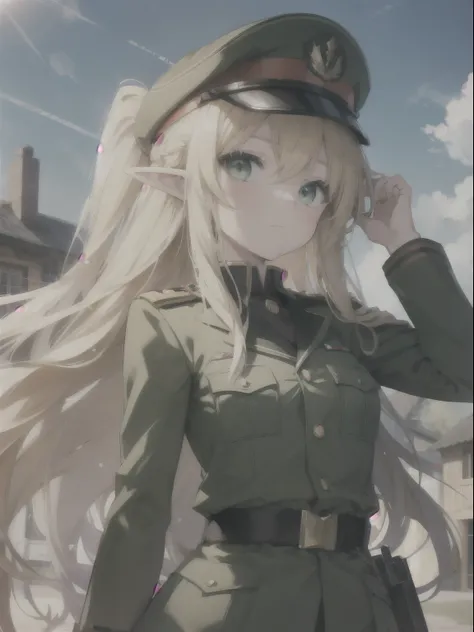 anime elf girl, blonde long hair, green eyes, military uniform, military hat, village background