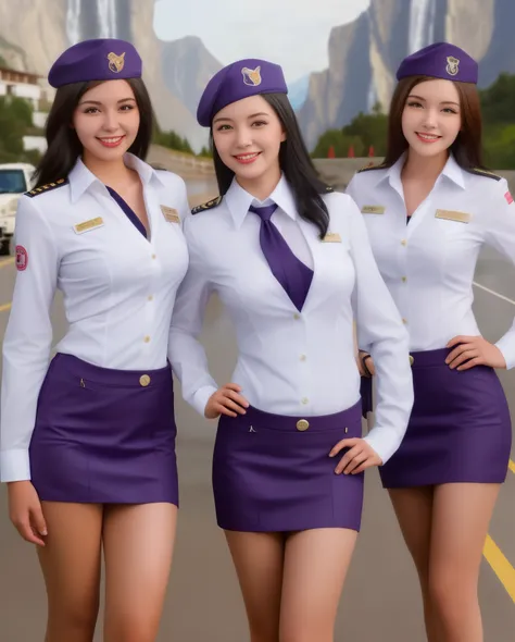 Beautiful 2girls Flight attendant wearing short skirt,White face.long Smiling black hair standing at the.Mountains and waterfalls