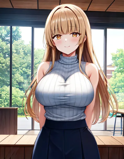 mahiru shiina,blonde hair,blunt bangs,(yellow eyes),indoor room,light smile,ribbed sweater,skirt,sleeveless,(large breasts:1.5),(shiny,hair),((solo)),((masterpiece)),((best quality)),perfect anatomy,slim waist,perfect image,8k UHD,(beautiful detailed eyes:...