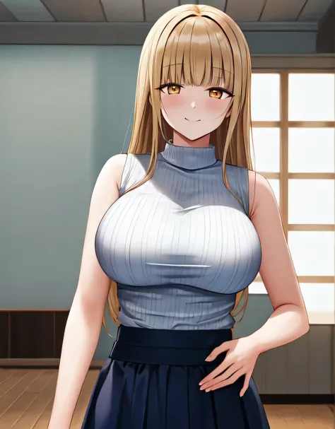 mahiru shiina,blonde hair,blunt bangs,(yellow eyes),indoor room,light smile,ribbed sweater,skirt,sleeveless,(large breasts:1.5),(shiny,hair),((solo)),((masterpiece)),((best quality)),perfect anatomy,slim waist,perfect image,8k UHD,(beautiful detailed eyes:...