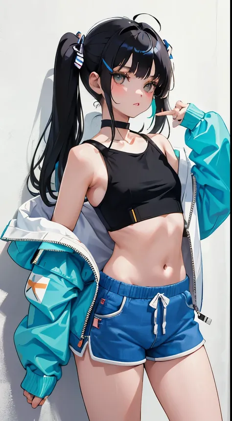 (short cute girl，small young student，young delicate girl）,（masterpiece，Top quality)，crop top look，pastel hoodie，(gingham check shorts)，black hair，long twin tails，toy world