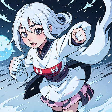 Make a character from the anime Boku no hero, She will have white hair derived from her individuality which is snow leopard characteristics and she will have a costume to use her paws to fight..