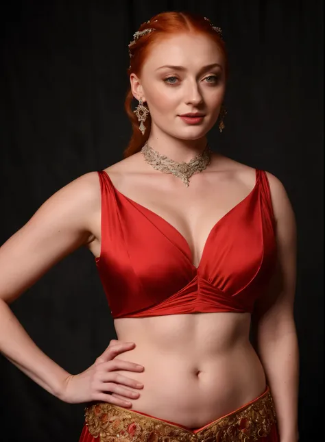 Face of Sophie Turner, Sansa Stark played by Sophie Turner, the de facto Lady of the Eyrie, is a 40-year-old mature queen with a stunning, alluring appearance. Full Face, pierced eyes, reddish lips, upper body shot, erotic Mediaeval costumes, game of thron...