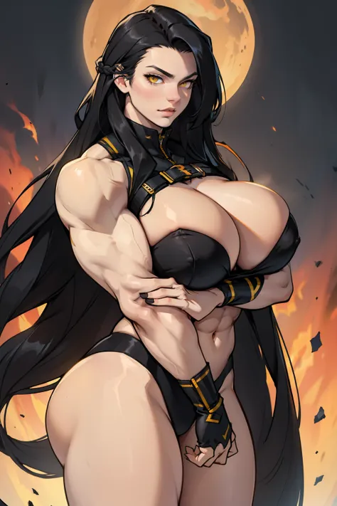 (((long hair))) (((long hair))) black hair yellow eyes pale skin muscular girl huge breasts 