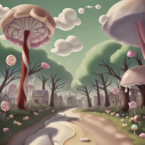 large general shot: 1.8, ((beautiful town from the 60s, entirely made of candies, sweets, lollipops, delicious cakes, beautiful donut-shaped sun, cotton candy trees: 1.6)), cheerful colors: 1.4, work of art, highly detailed:1.5, idyllic, dreamy, epic, cine...