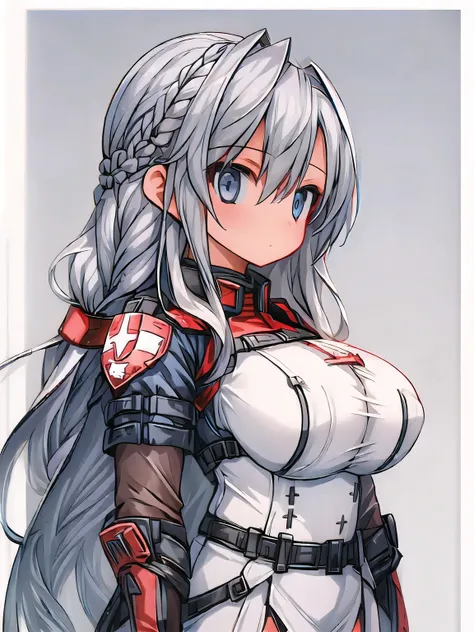 (girl long hair:1.2), (huge tits:1.0), (soldier:1.2), (long silver hair)