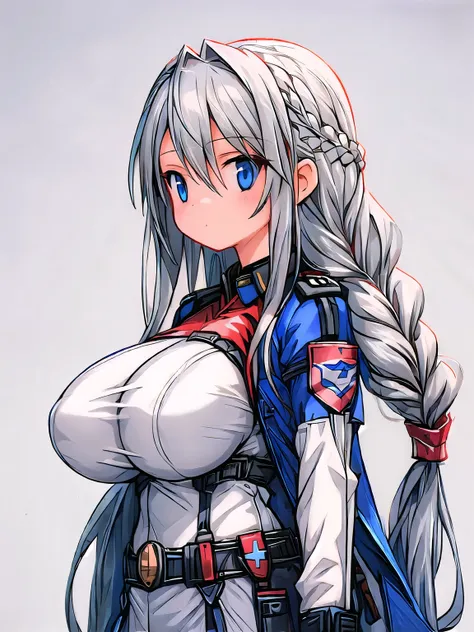 (girl long hair:1.2), (huge tits:1.0), (soldier:1.2), (long silver hair)