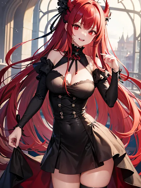 ((best quality)), ((masterpiece)), (detailed), perfect face, 1girl, Long red hair, red eyes, older then 20, standing away viewer, with two fangs in mouth