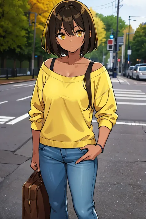 Anime girl with brown skin, around 19 years old, with a fit and tall body, she has yellow eyes and straight brown hair down to her shoulders, she is wearing casual autumn clothes in blue, being in civilian clothes, she It is visible in full body, as if it ...