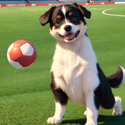 cute fluffy dog playing football cartoon Pixar style 