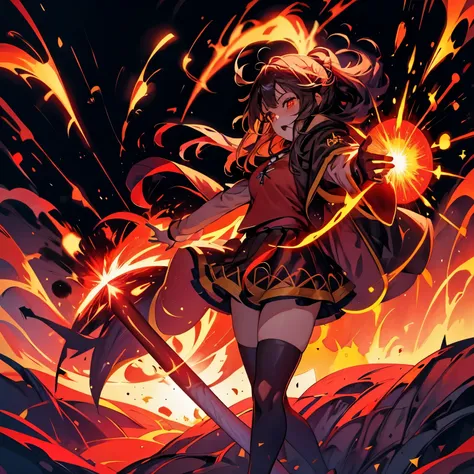 1 girl, 18 years old, megumin, hand raised, holding magic stick, nuclear flame explosion behind, official art, best quality, hig...