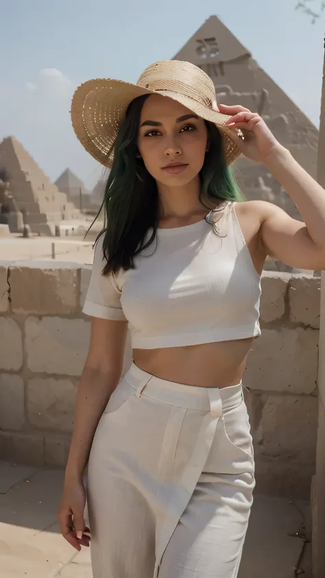 1girls, Nur, green Hair , 24 years old , white linen shirt
 Beige linen trousers or skirt
 comfortable sandals
 Straw hat
 Let sunglasses pose in the Egyptian pyramids, Best Quality, 8K, Masterpiece:1.3)), Focus: 1.2, Perfect Body Beauty: 1.4, Hips: 1.2, ,...