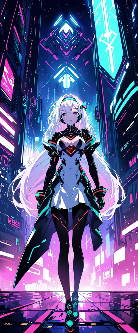 anime girl wearing a dress and headband standing in front of a building, digital cyberpunk anime art, digital cyberpunk - anime ...