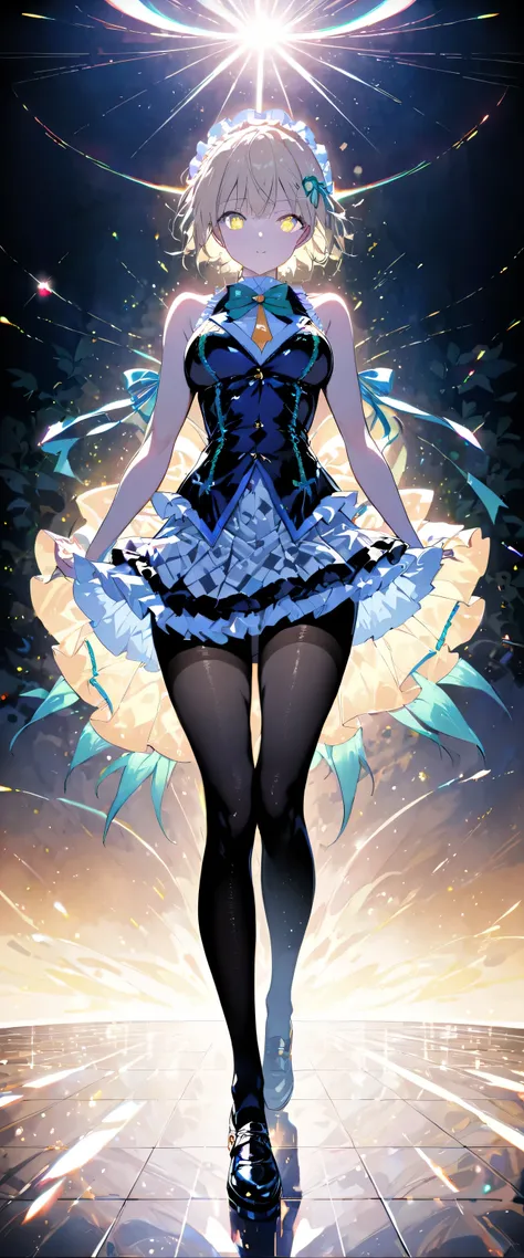 (full body:1.5)，(1 girl:1.3),(looking at the viewer:1.4)，(correct anatomy:1.3),(Wearing a Paradise style suit JK uniform printed super short pleated skirt and JK uniform leather shoes with ribbon decoration ，Thick Print Lolita Pantyhose :1.35), (light part...