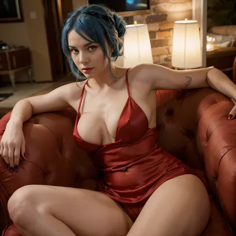 a sexy woman with mid length blue hair in a messy bun, great Gatsby party, suggestive pose, red dress, mid body shot, reclining in a chair, (breasts covered)