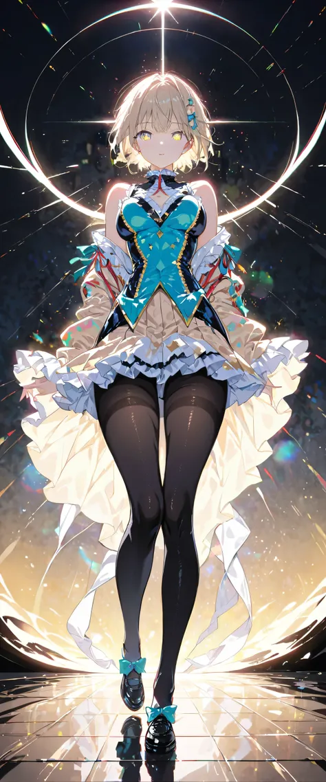 (full body:1.5)，(1 girl:1.3),(looking at the viewer:1.4)，(correct anatomy:1.3),(Wearing a Paradise style suit JK uniform printed super short pleated skirt and JK uniform leather shoes with ribbon decoration ，Thick Print Lolita Pantyhose :1.35), (light part...