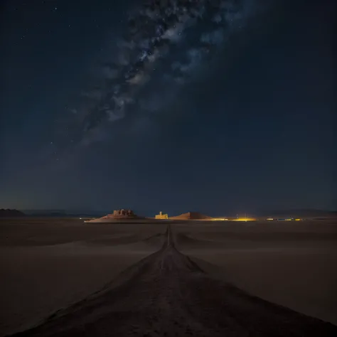 Paisaje nocturno del desierto con Jesucristo con los ojos cerrados, pensando en sus memorias y una nave espacial en el cielo