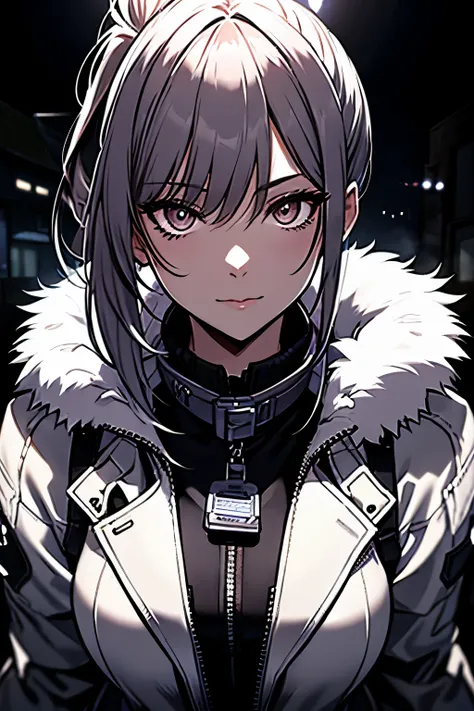 a woman, leggings, pleated skirt, sports top, high ponytail, high boots, long fur jacket, on a foggy moonlit night in a ghost town, detailed face, hyper detailed eyes, detailed lips, , with a metal chainned-colar in the neck, lineart