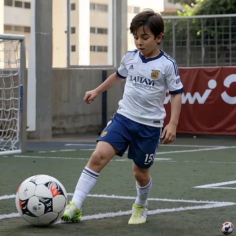 Mini messi jogando futebol com uma bola de papel