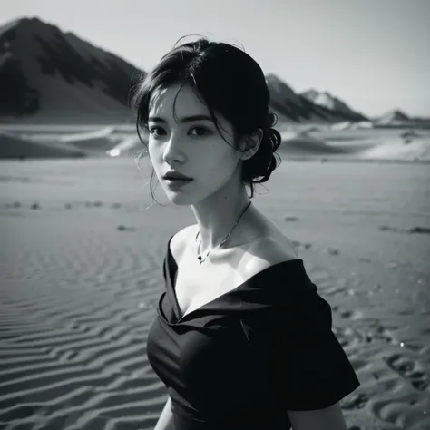 (black and white photography, high contrast、Infrared Filter)、highest quality, masterpiece, ultra high resolution, (realistic:1.4), Raw photo, 1 girl, beautiful face、off shoulder, Distant view of the dune ridge from a high vantage point、Woman standing with ...