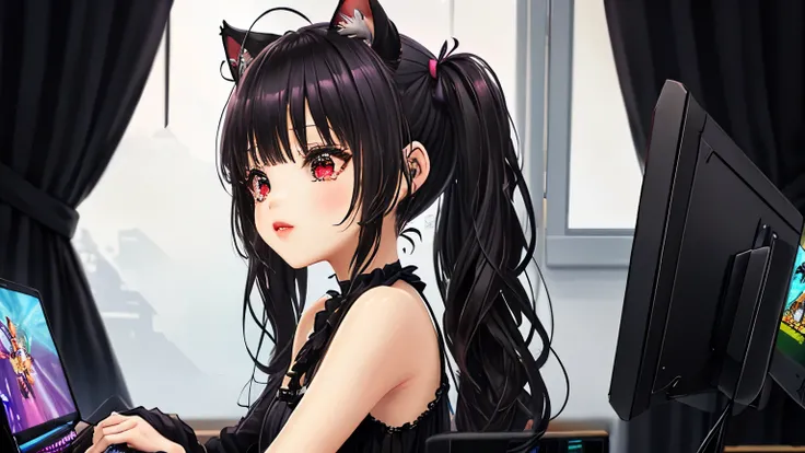 maribelle fe, obra maestra, CG de ultra alta calidad, Mejor calidad, girl solo, medio,  Mezcla japonesa y rusa,,((long hair slightly wavy slightly past the shoulders, black bangs, small black pigtails on the sides, cute cat ears, beautiful thin red eyes,))...