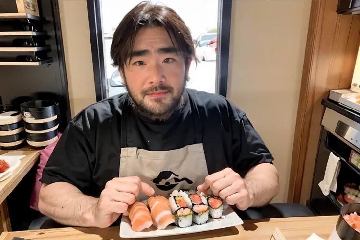 Sushi Shop, (Eat sushi), ３０Year old man, black eye,