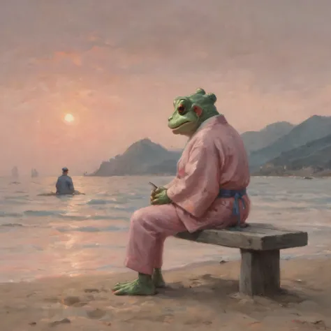 Frog man wearing a kimono, sitting on the bench, evening sea, Pink pants and shirt, A nostalgic, sad atmosphere、sandy beach、looking far away