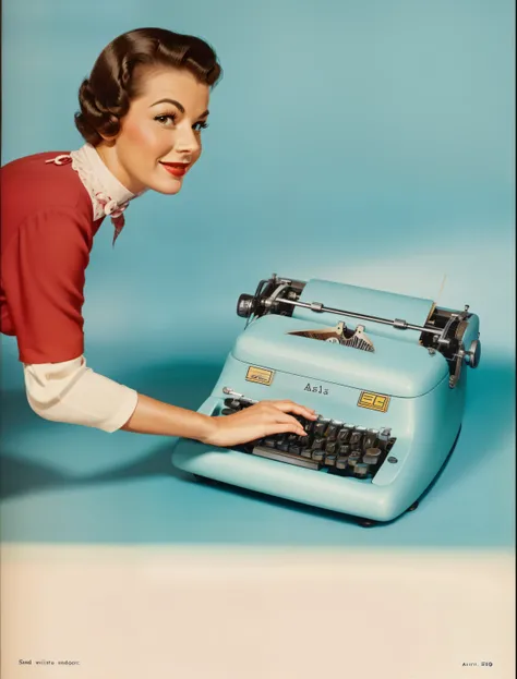 arafed woman leaning over a typewriter with a smile on her face, 50s style infomercial, 50s style, 5 0 s style, illustration!, screenwriter, 1 9 5 0 s style, writing a letter, 1958, 1 9 5 8, by Loren Munk, retro ad, 1959, 1 9 5 6