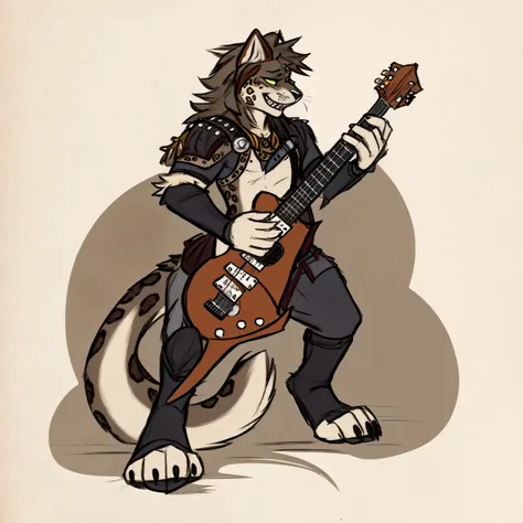 a drawing of a man with a guitar, of anthro leopard warlock, tiefling bard, anthropomorphic furry art, fursona furry art commiss...