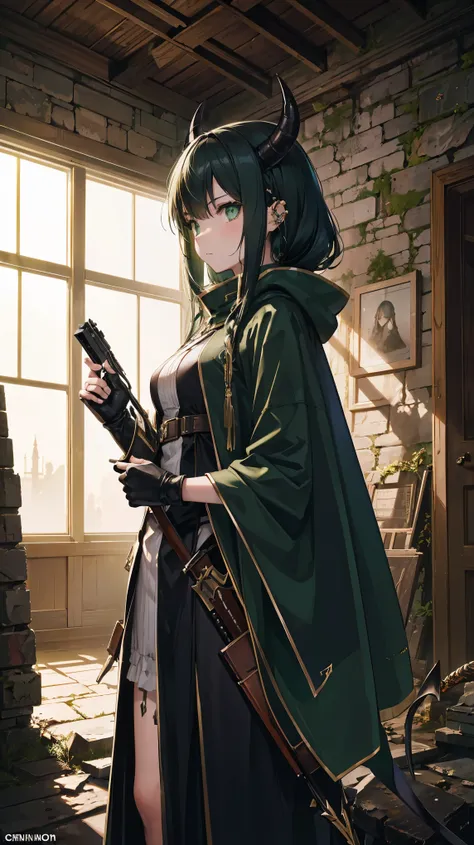 8k, best quality, (lifelike:1.4), original photo, 1 girl, Demon Hunter hair, crossbow, cloak, posture: scouting demon-infested ruins, piercing green eyes