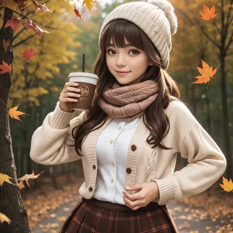 1girl, autumn leaves, bangs, black headwear, blurry background, blush, brown eyes, brown hair, brown scarf, brown skirt, cardigan, coffee, cowboy shot, cup, disposable cup, drink, falling leaves, beanie, holding, holding drink, leaf, long hair, long sleeve...