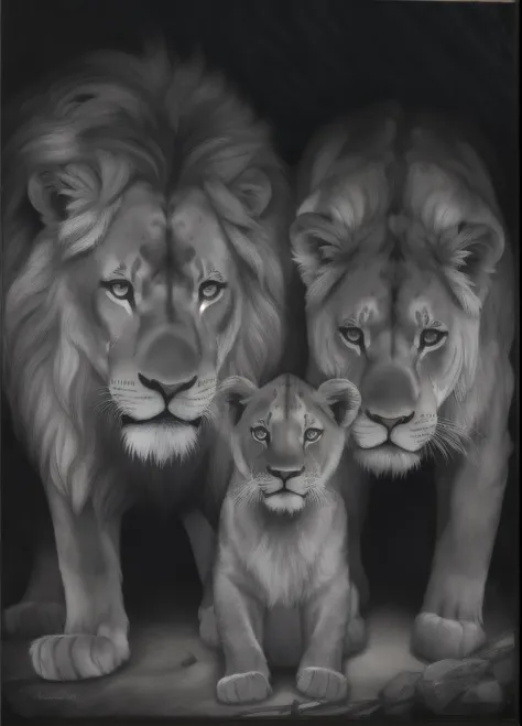 a black and white photo of a lion and a lion cub, family portrait, por bernard d’andrea, por mirabello cavalori, lions, por mich...