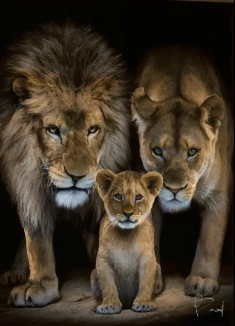 a black and white photo of a lion and a lion cub, family portrait, por bernard d’andrea, por mirabello cavalori, lions, por mich...