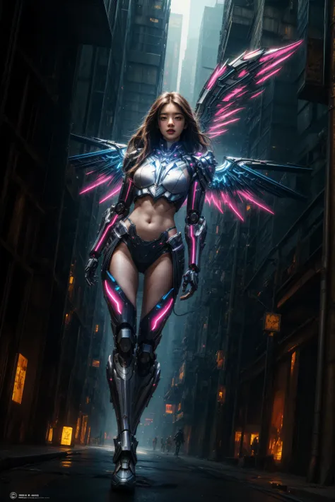 masterpiece, best quality, high quality, high resolution, photorealistic, 1girl, long hair, looking at viewer, glowing 4 mechanical wings, futuristic armor,  dynamic pose, legs, brests, solo, skycrapers, cyberpunk