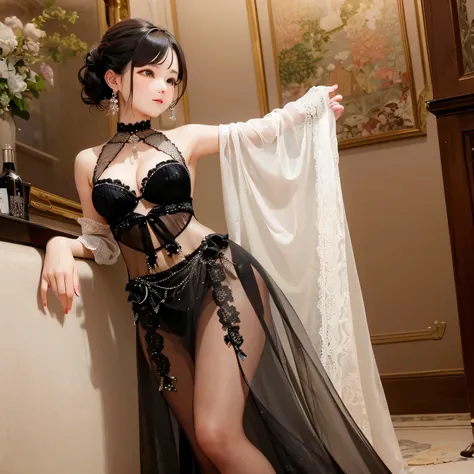 a woman  in long sheer skirt, gr3ysh33r very sensual posing