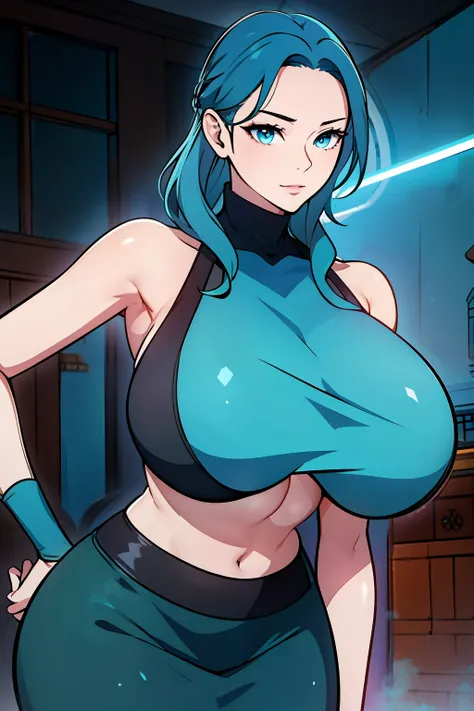 An anime-style artwork depicting ruan mei from the game Honkai star rail.

Tags: ruan mei, anime, detailed eyes, detailed lips, black crop top, black turtleneck, black pencil skirt, smiling expression, intense gaze, glowing emblem on hand, dynamic pose, my...