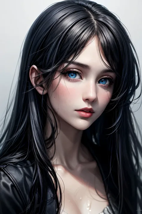 realistic gothic digital art portrait with water, (Long black hair), (blue eyes), (porcelain skin), female