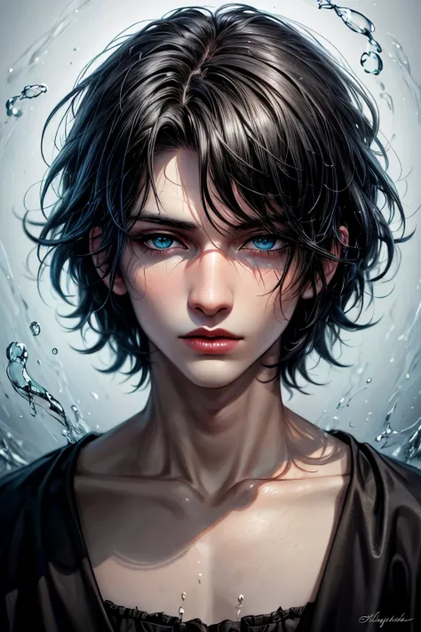 realistic gothic digital art portrait with water, (short, fluffy black hair), (blue eyes), (porcelain skin), male