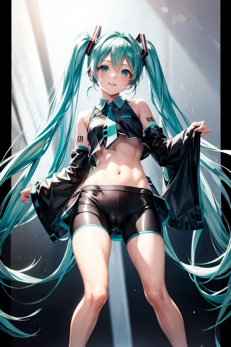 hatsune miku in a comfortable top and black bike shorts, cameltoe, embarrassed but happy, tight bike shorts, wet spot on pussy