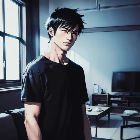 2D, anime guy, black hair, short hair with messy bangs, black t-shirt, earpiece, living room at night, looking over shoulder, caught off guard, looking fondly, melancholia, soft lighting, moment of vulnerability, glowy eyes, best quality