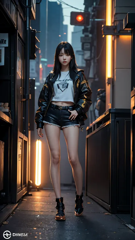 Boutique,best quality,Gold jewelry,(slip out feet),Fairy skin,(Fidelity :1.2),Standing,Super Detailed,realistic,High quality,Movie Light,Ray tracking,Ultra HD,Upper body, Girl in shorts and jacket standing next to giant robot, Guweiz style artwork, CyberPu...