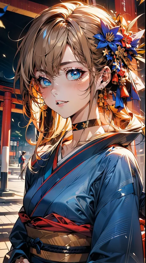 ((Light brown long hair:1.9, wavy hair:1.6, asymmetrical hair:1.8, half up hair)), (shining blue eyes:1.4)beautiful, beautiful woman, perfect anatomy, perfect body, perfect breasts, ((kimono:1.8, choker:1.6)), ((Japan gardens in winter:1.98, torii)), capti...